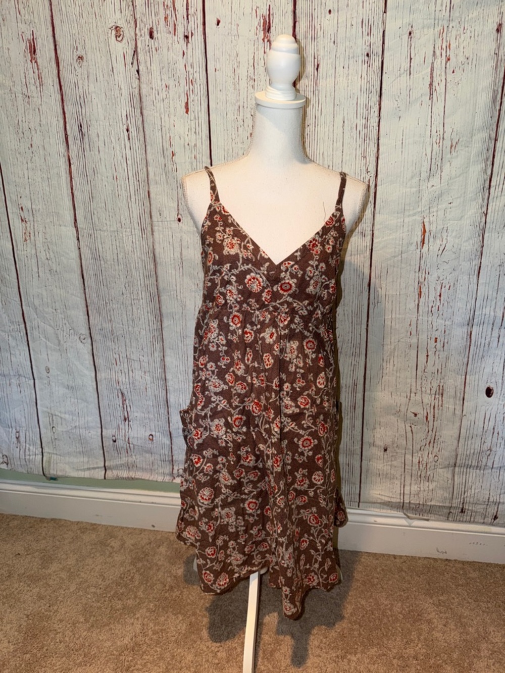 Brown Floral Spaghetti Strap Midi Dress